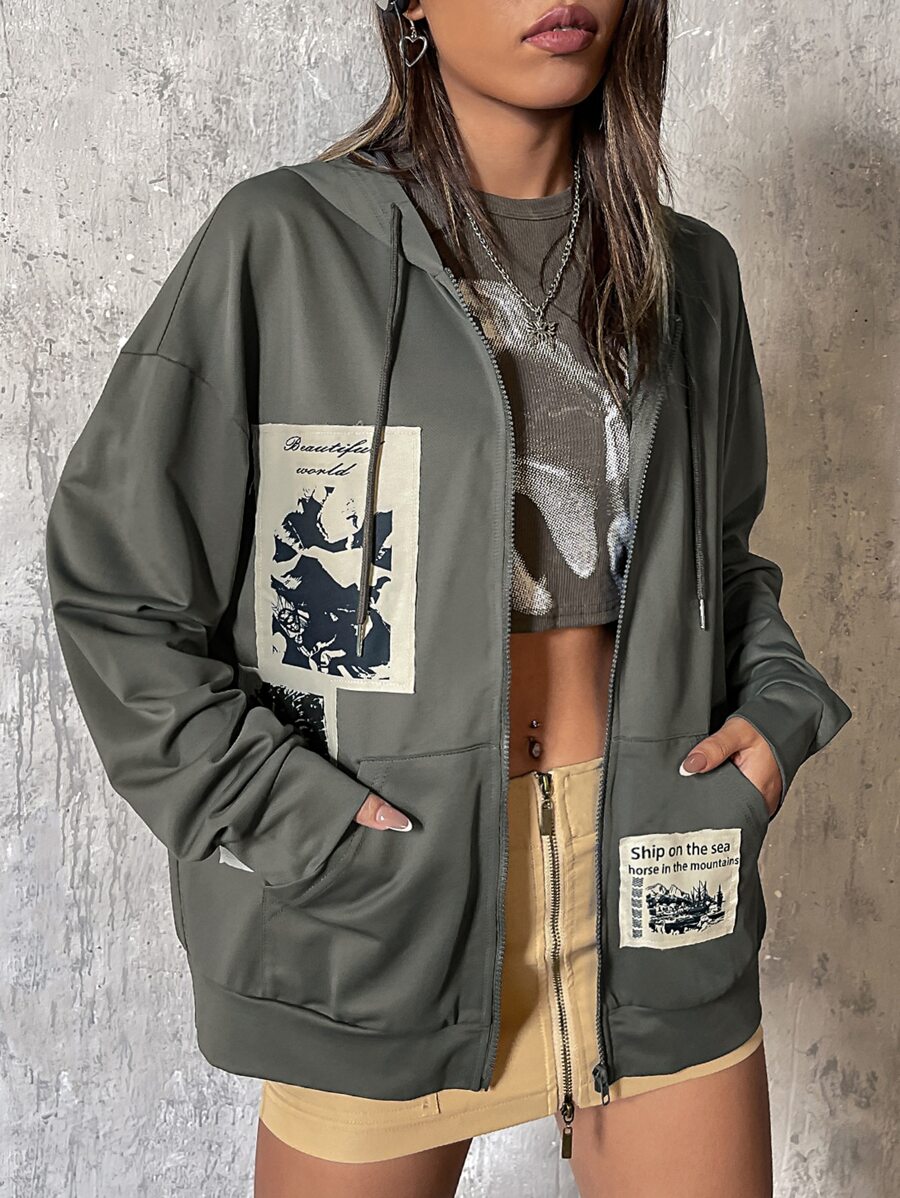 SHEIN ICON Hoodie Bản in hình khẩu hiệu & con bướm Thả vai Dây rút Dây kéo - xanh quân đội - Xem 1