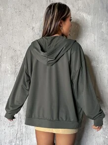 SHEIN ICON Hoodie Bản in hình khẩu hiệu & con bướm Thả vai Dây rút Dây kéo - xanh quân đội - Xem 2