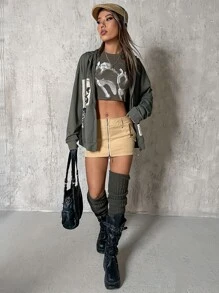 SHEIN ICON Hoodie Bản in hình khẩu hiệu & con bướm Thả vai Dây rút Dây kéo - xanh quân đội - Xem 4