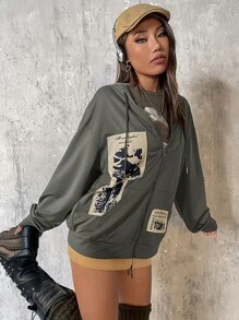 SHEIN ICON Hoodie Bản in hình khẩu hiệu & con bướm Thả vai Dây rút Dây kéo - xanh quân đội - Xem 6
