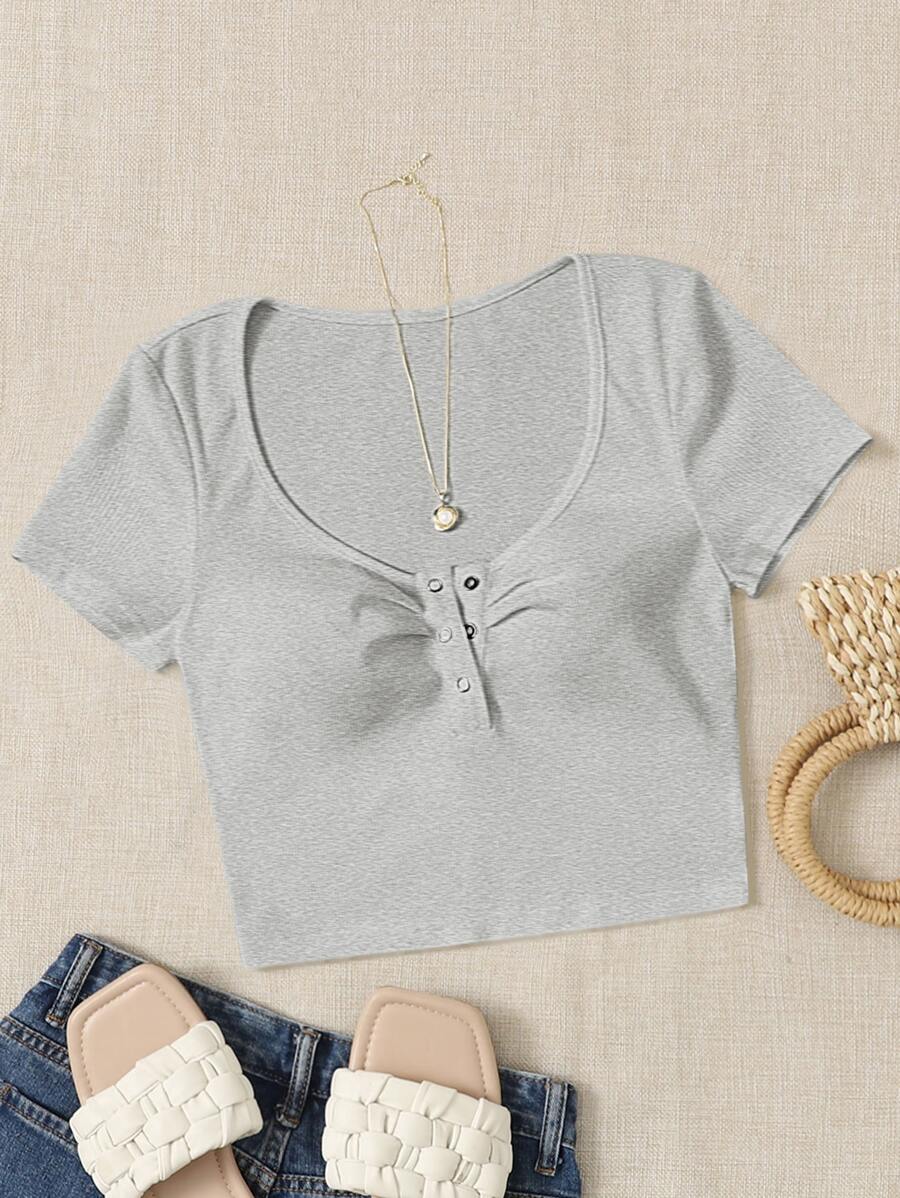 SHEIN EZwear Press Button Half Placket Tee