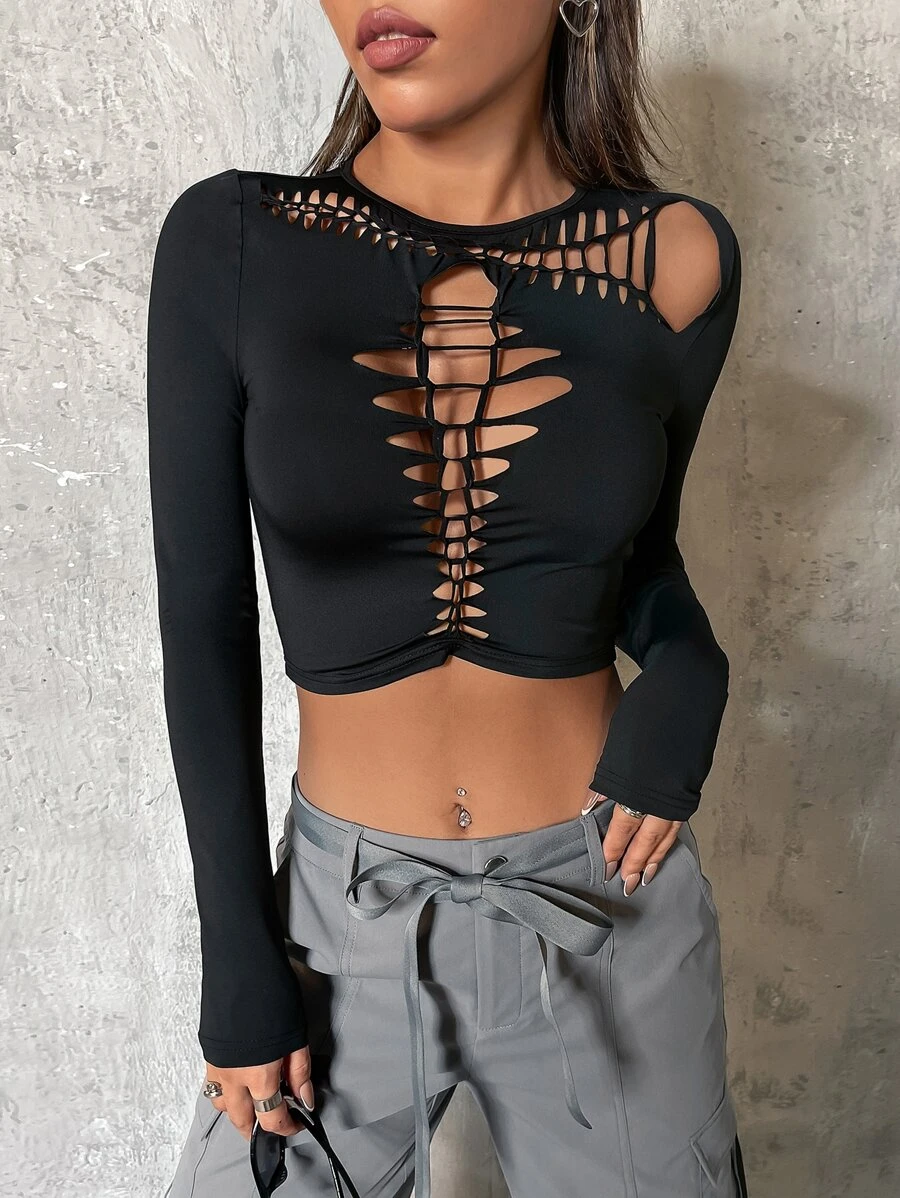 SHEIN ICON Cut Out Lace Up Front Crop Tee - Black - View 1