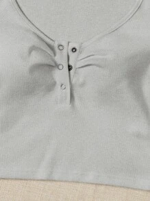 SHEIN EZwear Press Button Half Placket Tee - Light Grey - View 6