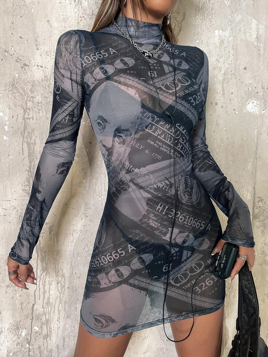 SHEIN ICON 小高領圖案印花透視網紗連衣裙 - 深灰色 - 查看 1