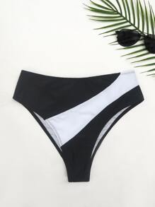 夏季拼色高腰比基尼泳裤 - 黑與白 - 查看 5