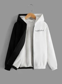 SHEIN Boys Letter Graphic Colourblock Hooded Jacket - Black and White - View 2