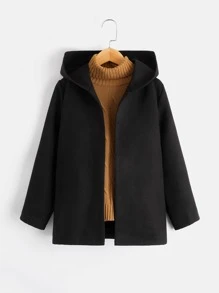 SHEIN Boys Open Front Hooded Tweed Overcoat Without Jumper - Black - View 2