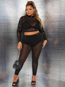 SHEIN áo nữ kích thước lớn Tương phản Mesh cắt màu trơn Gợi cảm - màu đen - Xem 6