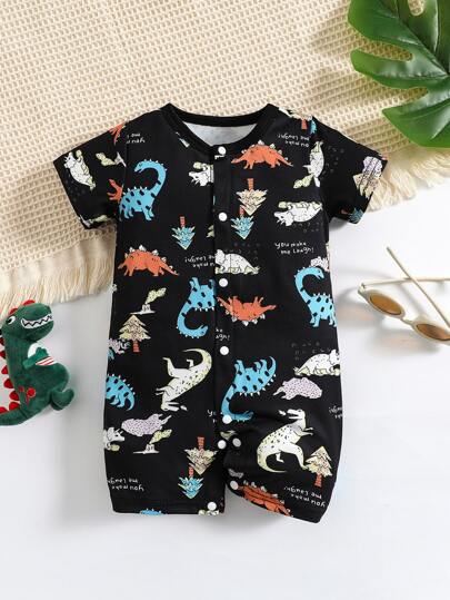 新生儿/婴儿男宝宝卡通恐龙图案短袖连体衣，前开襟纽扣设计，尺码：3个月-6个月-9个月-1岁-2岁