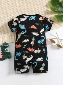 新生儿/婴儿男宝宝卡通恐龙图案短袖连体衣，前开襟纽扣设计，尺码：3个月-6个月-9个月-1岁-2岁