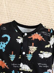 新生儿/婴儿男宝宝卡通恐龙图案短袖连体衣，前开襟纽扣设计，尺码：3个月-6个月-9个月-1岁-2岁