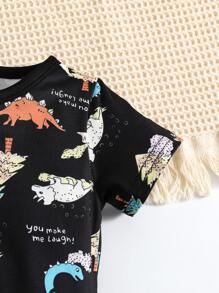 新生儿/婴儿男宝宝卡通恐龙图案短袖连体衣，前开襟纽扣设计，尺码：3个月-6个月-9个月-1岁-2岁