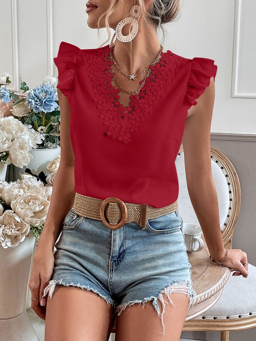 SHEIN VCAY Guipure Lace Trim Cap Sleeve Blouse - Red - View 1