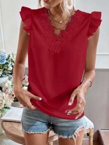 SHEIN VCAY Guipure Lace Trim Cap Sleeve Blouse - Red - View 3