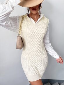麻花編織V領毛衣裙