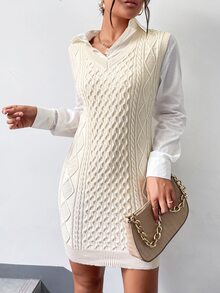 麻花編織V領毛衣裙