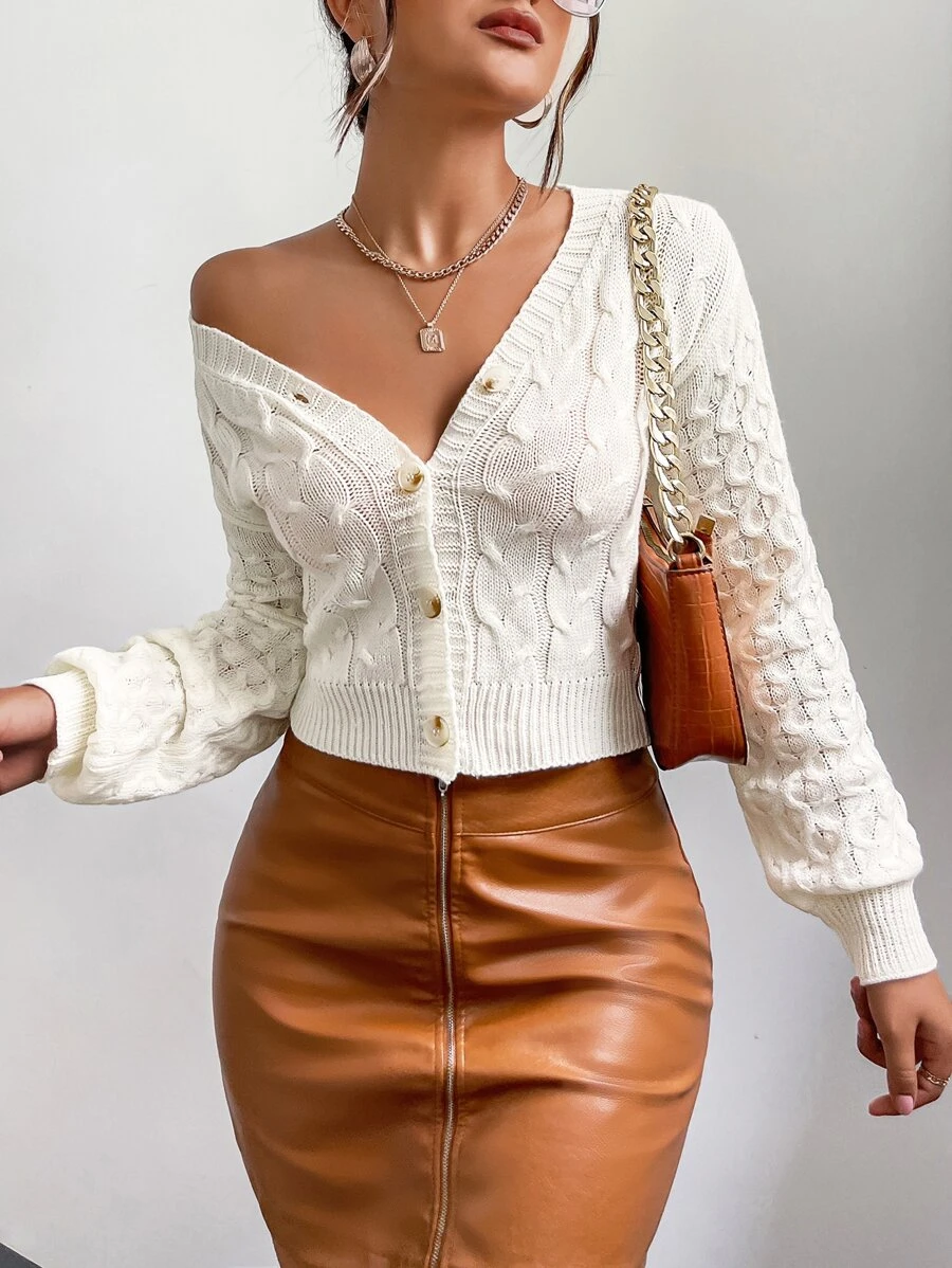 Chiquease Cable Knit Drop Shoulder Cardigan,Long Sleeve Tops Fall Winter Cloth For Women - White - View 1