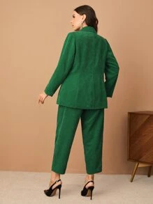 SHEIN Privé 大碼西裝領雙排釦燈芯絨西裝外套和褲子套裝 - 綠色 - 查看 2