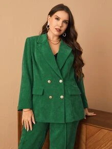 SHEIN Privé 大碼西裝領雙排釦燈芯絨西裝外套和褲子套裝 - 綠色 - 查看 3