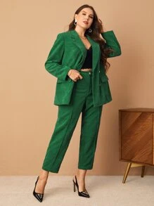SHEIN Privé 大碼西裝領雙排釦燈芯絨西裝外套和褲子套裝 - 綠色 - 查看 4