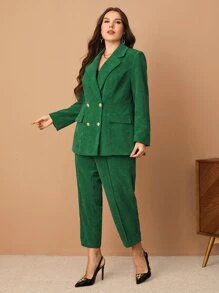 SHEIN Privé 大碼西裝領雙排釦燈芯絨西裝外套和褲子套裝 - 綠色 - 查看 5