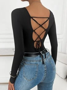 SHEIN Privé 後背繫帶羅紋針織連身背心 - 黑色 - 查看 1