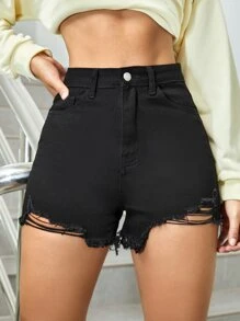 SHEIN EZwear Women's Summer Fashionable High-Rise Ripped Raw Hem Denim Shorts - Black - View 1