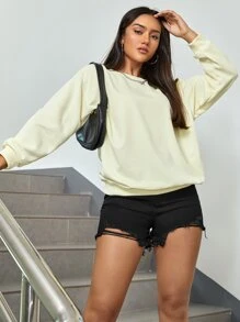 SHEIN EZwear Women's Summer Fashionable High-Rise Ripped Raw Hem Denim Shorts - Black - View 7