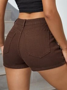 SHEIN ICON High Waist Button Front Denim Skort - Chocolate Brown - View 2