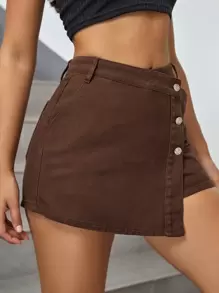 SHEIN ICON High Waist Button Front Denim Skort - Chocolate Brown - View 4