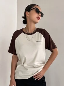 DAZY Letter Graphic Colourblock Raglan Sleeve Tee - Coffee Brown - View 1