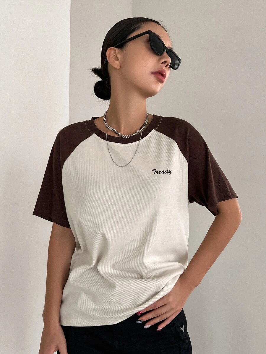 DAZY Letter Graphic Colourblock Raglan Sleeve Tee - Coffee Brown - View 1