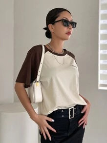 DAZY Letter Graphic Colourblock Raglan Sleeve Tee - Coffee Brown - View 3