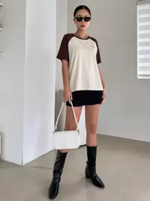 DAZY Letter Graphic Colourblock Raglan Sleeve Tee - Coffee Brown - View 4