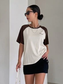 DAZY Letter Graphic Colourblock Raglan Sleeve Tee - Coffee Brown - View 5