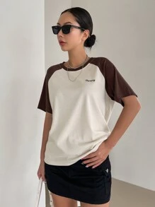 DAZY Letter Graphic Colourblock Raglan Sleeve Tee - Coffee Brown - View 6