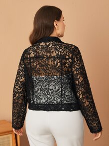 SHEIN Clasi 大碼拉鏈開襟蕾絲機車夾克 - 黑色 - 查看 2