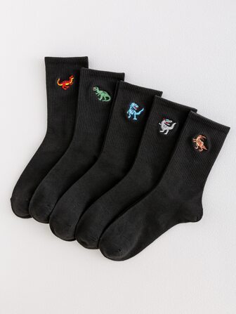 5pairs Guys Dinosaur Embroidered Crew Socks