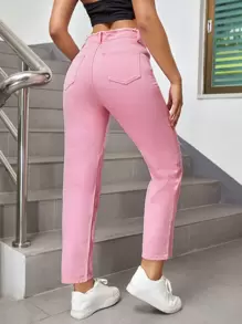 SHEIN EZwear Frayed Trim Star Patched Mom Fit Jeans - Baby Pink - View 2