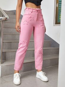 SHEIN EZwear Frayed Trim Star Patched Mom Fit Jeans - Baby Pink - View 4