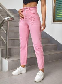 SHEIN EZwear Frayed Trim Star Patched Mom Fit Jeans - Baby Pink - View 5