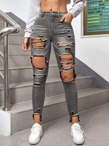 SHEIN ICON High Waisted Ripped Raw Hem Cutout Skinny Jeans - Dark Grey - View 1