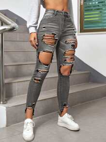 SHEIN ICON High Waisted Ripped Raw Hem Cutout Skinny Jeans - Dark Grey - View 3