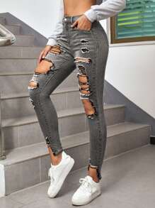 SHEIN ICON High Waisted Ripped Raw Hem Cutout Skinny Jeans - Dark Grey - View 4