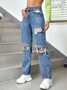 SHEIN ICON 高腰破洞直筒牛仔褲 - 中等水洗藍 - 查看 5