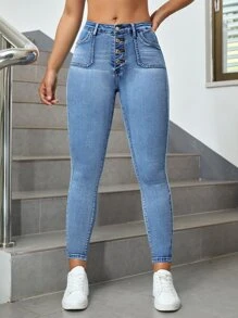 SHEIN Essnce Jeans ajustados con botón