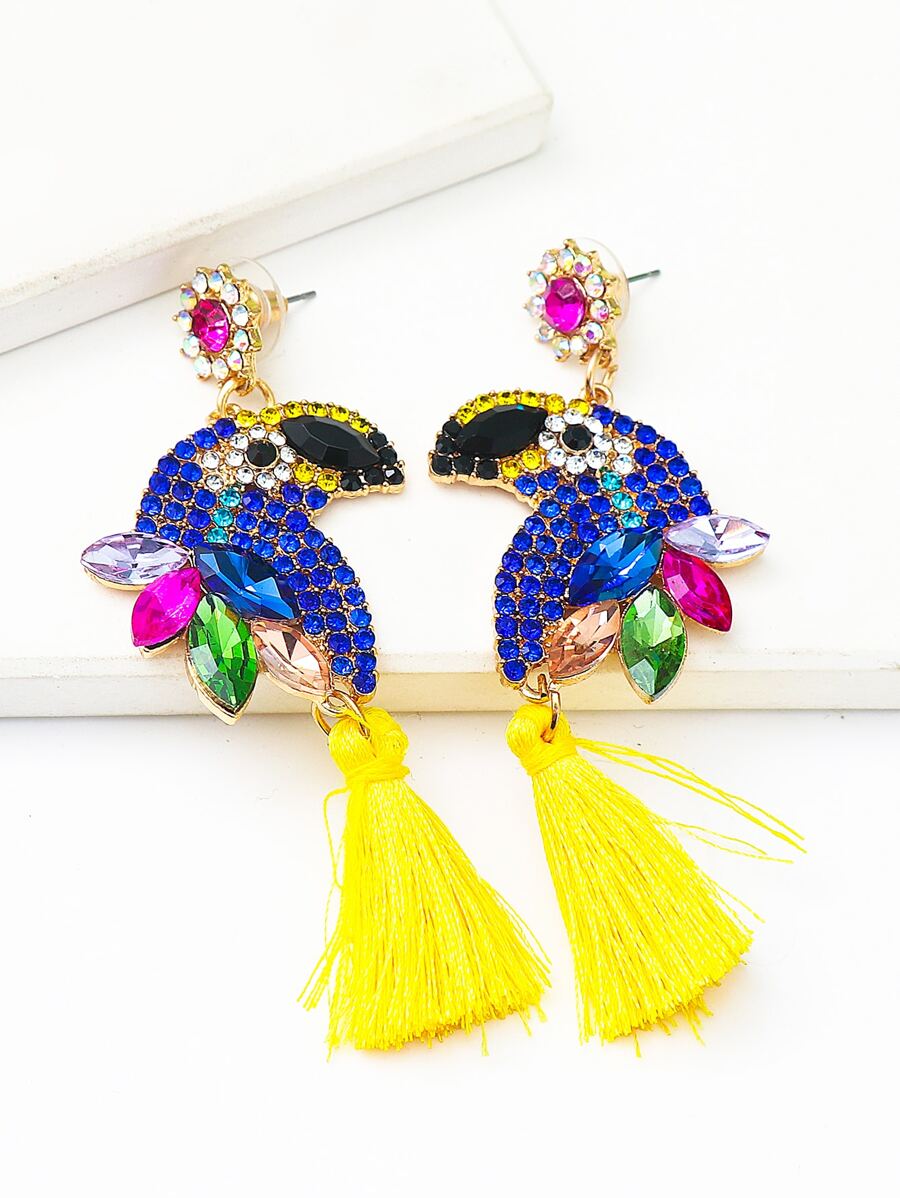 水鑽鸚鵡和流蘇耳墜 - 黃色 - 查看 1