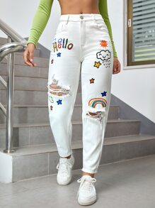 SHEIN EZwear Quần jean nữ Nút Túi Bị tách Dây kéo Hoạt hình Lá thư - trắng - Xem 1