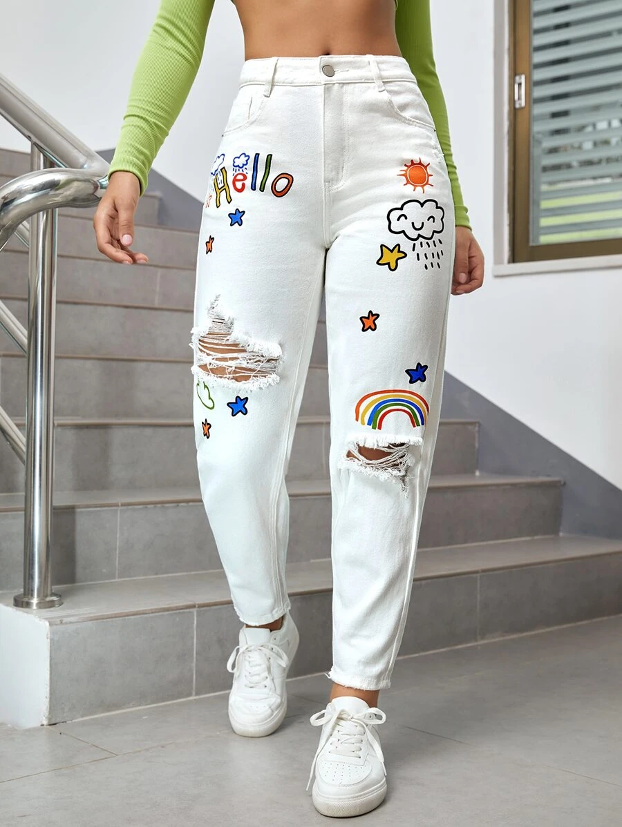 SHEIN EZwear Quần jean nữ Nút Túi Bị tách Dây kéo Hoạt hình Lá thư - trắng - Xem 1