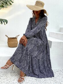 SHEIN VCAY Vestido smock con estampado de leopardo de manga farol bajo con fruncido - azul real - Ver 1